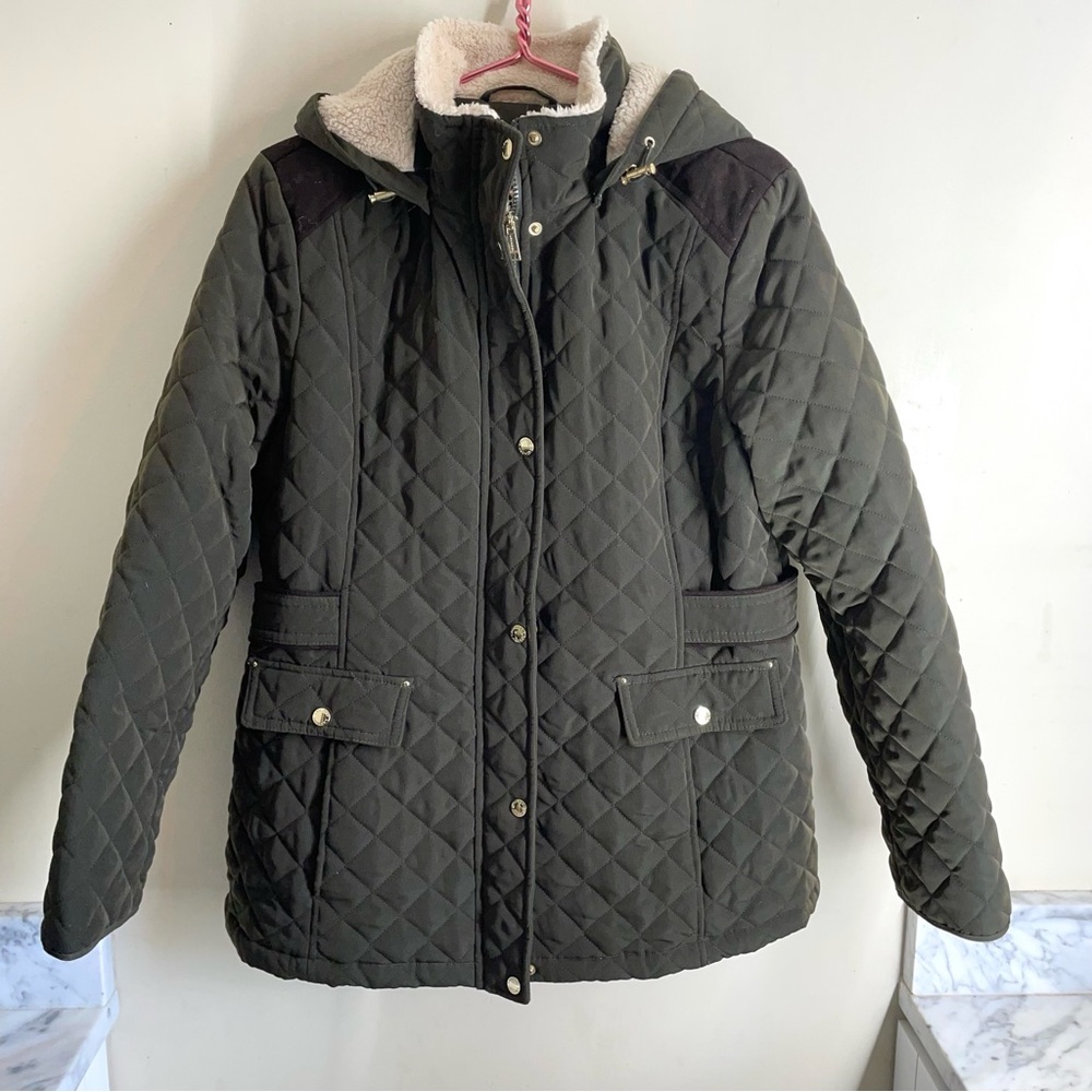 Laundry by Shelli Segal Faux Fur Lined Hooded Quilted Coat Green size XL